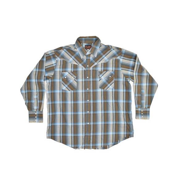 Plains Western Wear Shirt Mens XL Brown Blue Plaid Snap Button Long Sleeve - Picture 1 of 8